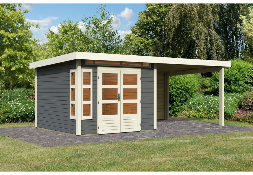 Karibu Kastorf 6 Gartenhaus mit Anbaudach 320 cm - Rückwand - terragrau (31547) Foto von Karibu Kastorf 6 Gartenhaus mit Anbaudach 320 cm - Rückwand - terragrau (31547)