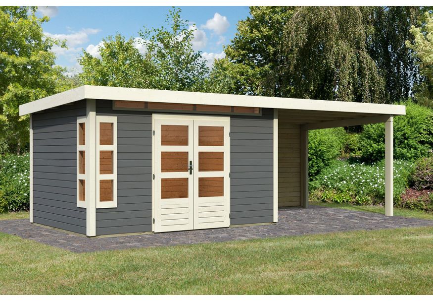Foto von Karibu Kastorf 7 Gartenhaus mit Anbaudach 320 cm - Rückwand - terragrau (31559)