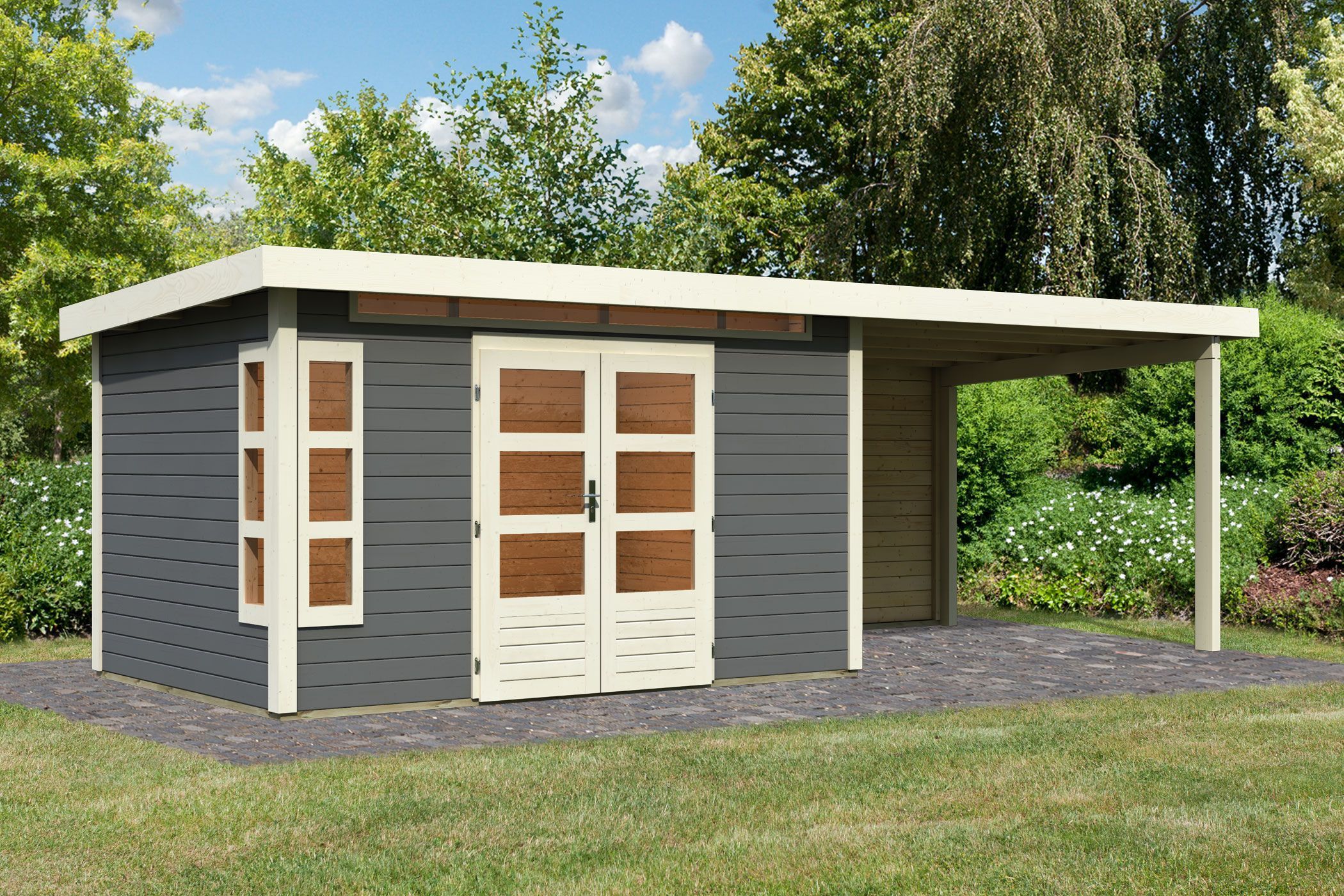 Foto der Karibu 31559 Kastorf 7 Gartenhaus mit Anbaudach - Terragrau