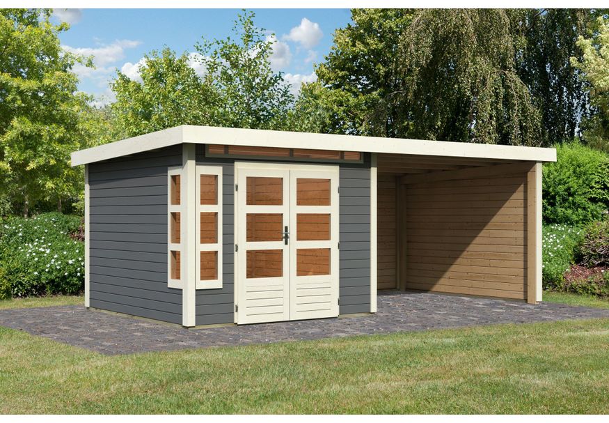 Foto van Karibu Kastorf 6 tuinhuis met overkapping 320 cm - zij en achterwand - terragrijs (31549)