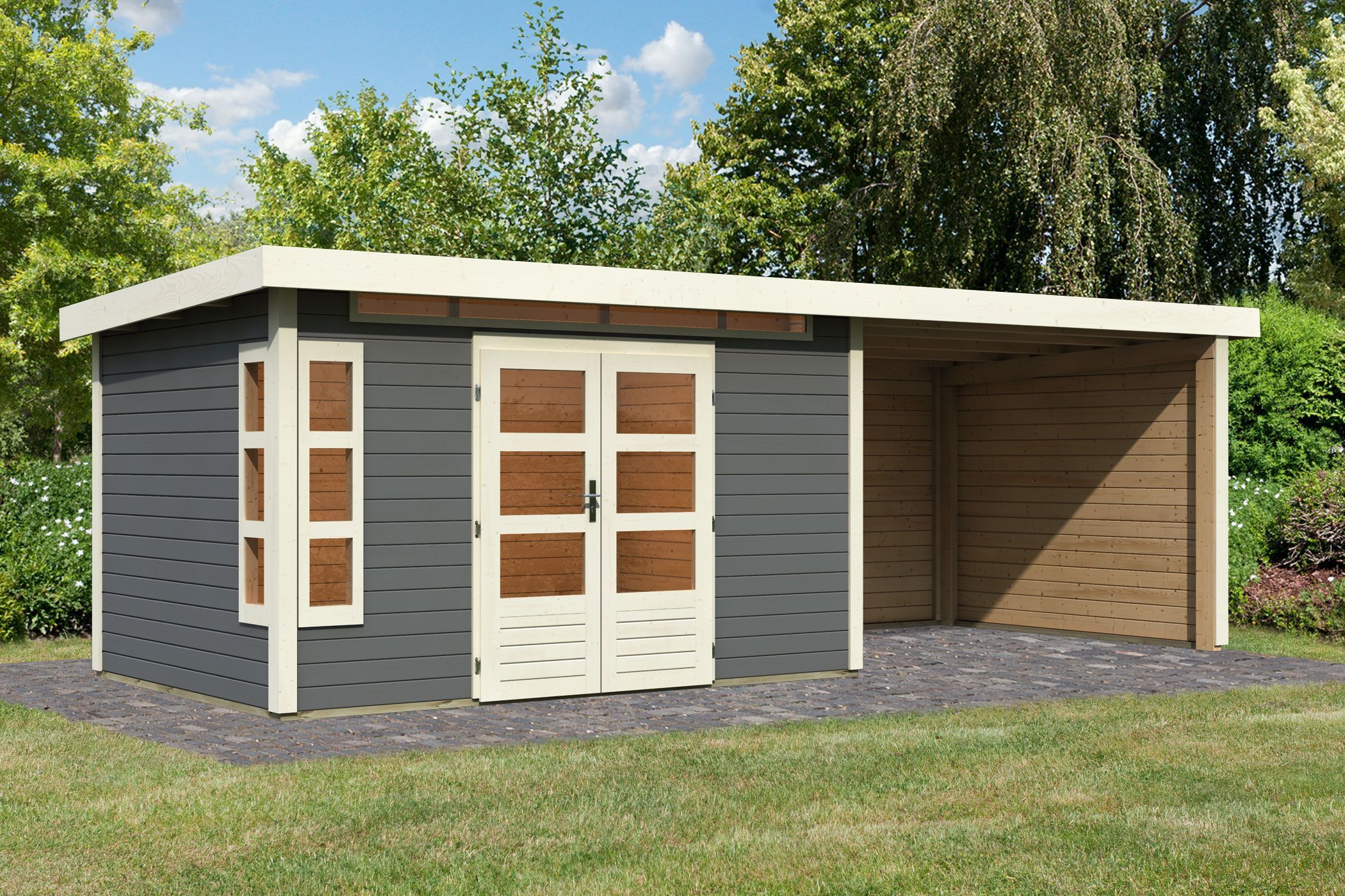 Foto van Karibu 31561 Kastorf 7 tuinhuis met overkapping - terragrijs