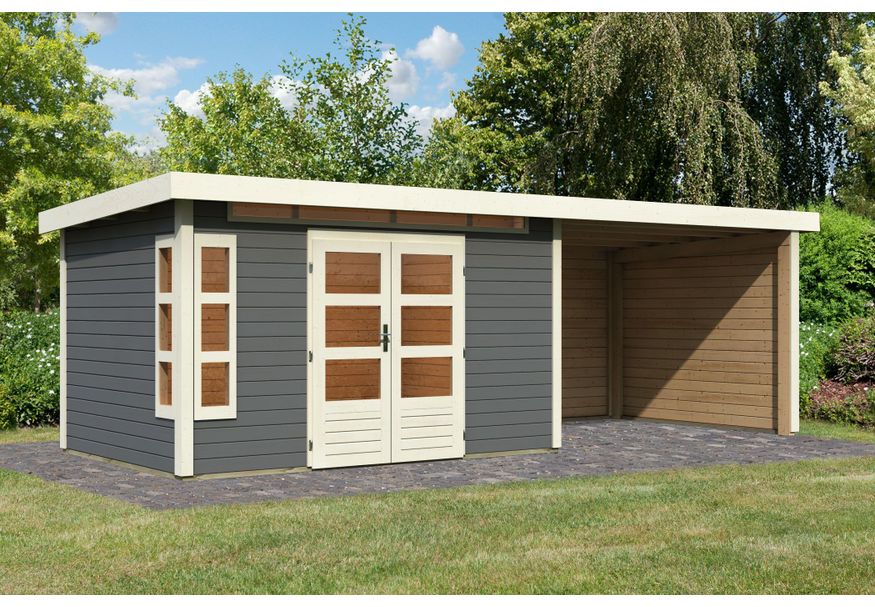 Karibu Kastorf 7 tuinhuis met overkapping 320 cm - zij en achterwand - terragrijs (31561) Foto van Karibu Kastorf 7 tuinhuis met overkapping 320 cm - zij en achterwand - terragrijs (31561)