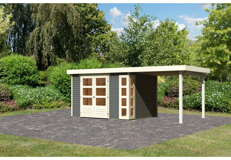 Karibu Kerko 5 tuinhuis met overkapping 240 cm - terragrijs (9194) Foto van Karibu Kerko 5 tuinhuis met overkapping 240 cm - terragrijs (9194)