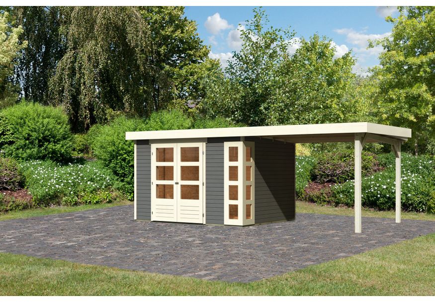 Karibu Kerko 5 tuinhuis met overkapping 280 cm - terragrijs (9203) Foto van Karibu Kerko 5 tuinhuis met overkapping 280 cm - terragrijs (9203)