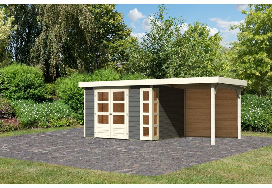 Karibu Kerko 5 Tuinhuis met overkapping 240 cm - achterwand - terragrijs (9196) Foto van Karibu Kerko 5 Tuinhuis met overkapping 240 cm - achterwand - terragrijs (9196)