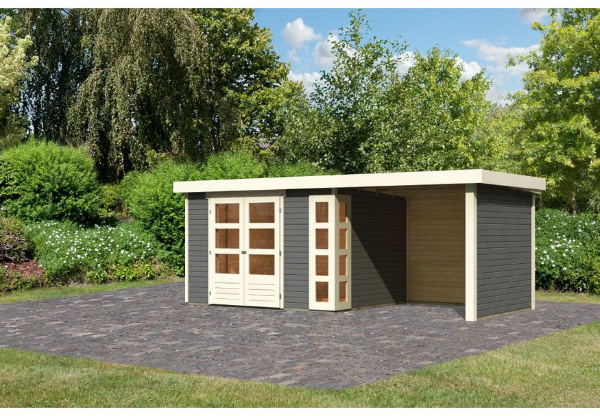 Karibu Kerko 5 Gartenhaus mit Anbaudach 240 cm - Seite und Rückwand - Terragrau (9198) Foto von Karibu Kerko 5 Gartenhaus mit Anbaudach 240 cm - Seite und Rückwand - Terragrau (9198)