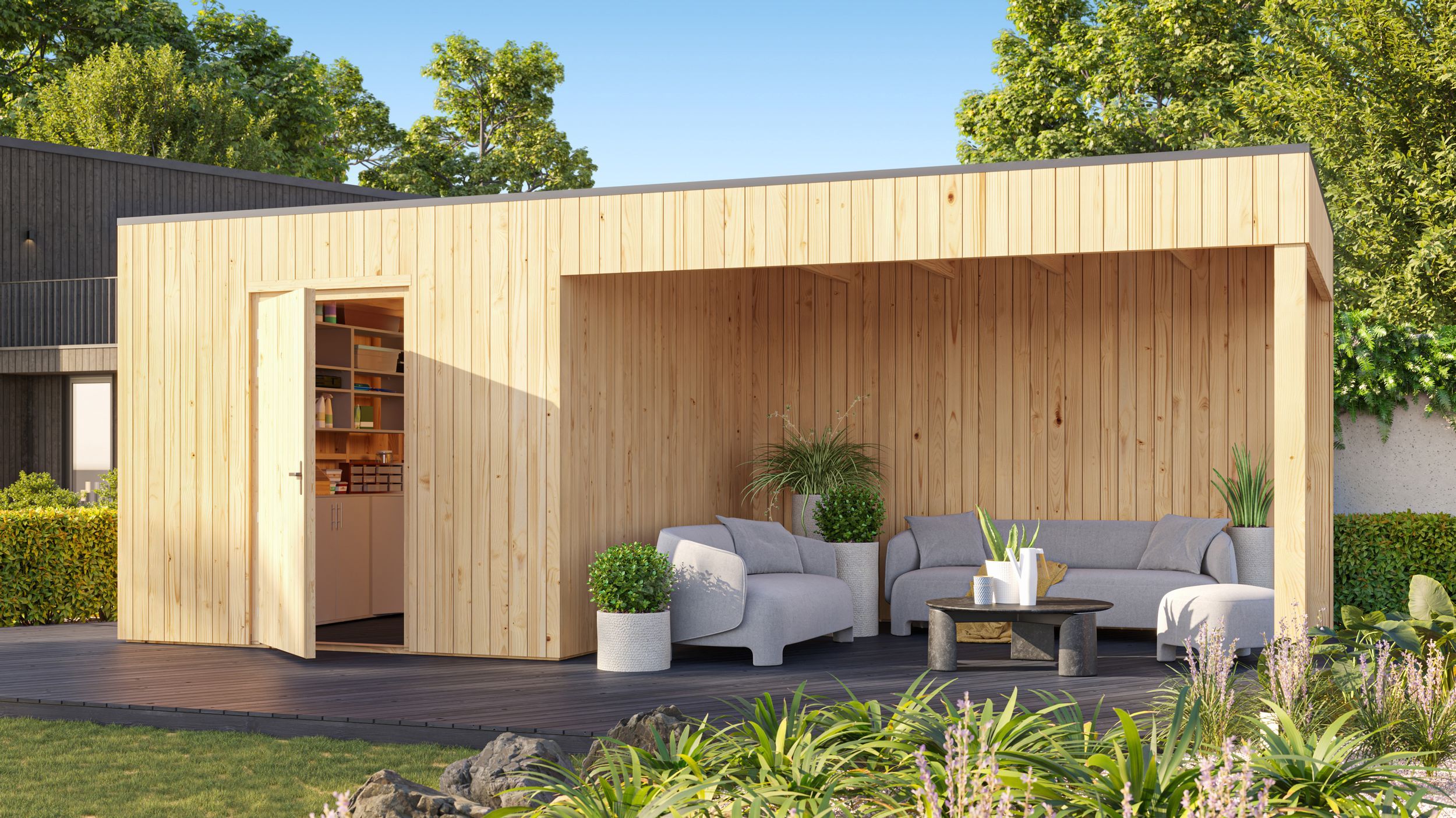 Foto van Grandiwood houten tuinhuis met overkapping