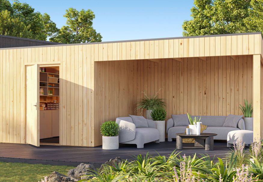 Grandiwood tuinhuis met overkapping Kubix 700x300 Foto van Grandiwood tuinhuis met overkapping Kubix 700x300