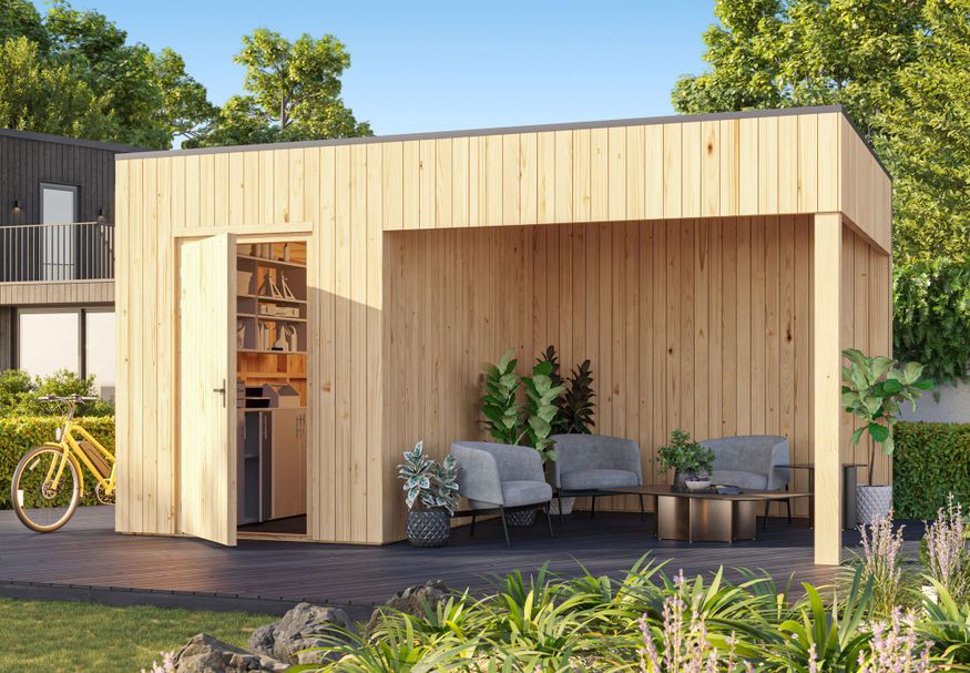 Grandiwood tuinhuis met overkapping Kubix 500x300 Foto van Grandiwood tuinhuis met overkapping Kubix 500x300