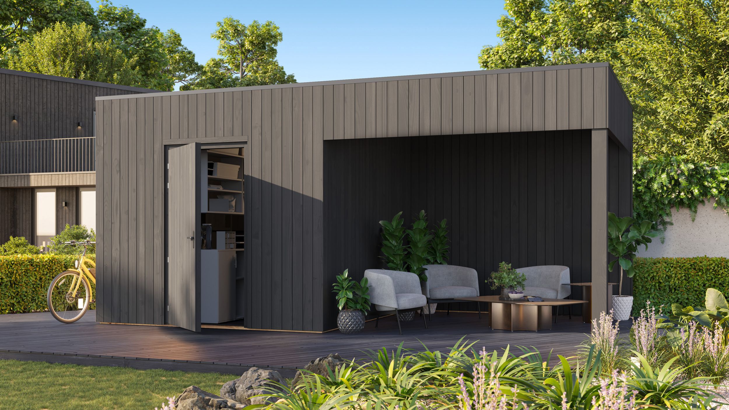 Foto der Grandiwood hölzernes Gartenhaus mit Überdachung Kubix- zwart