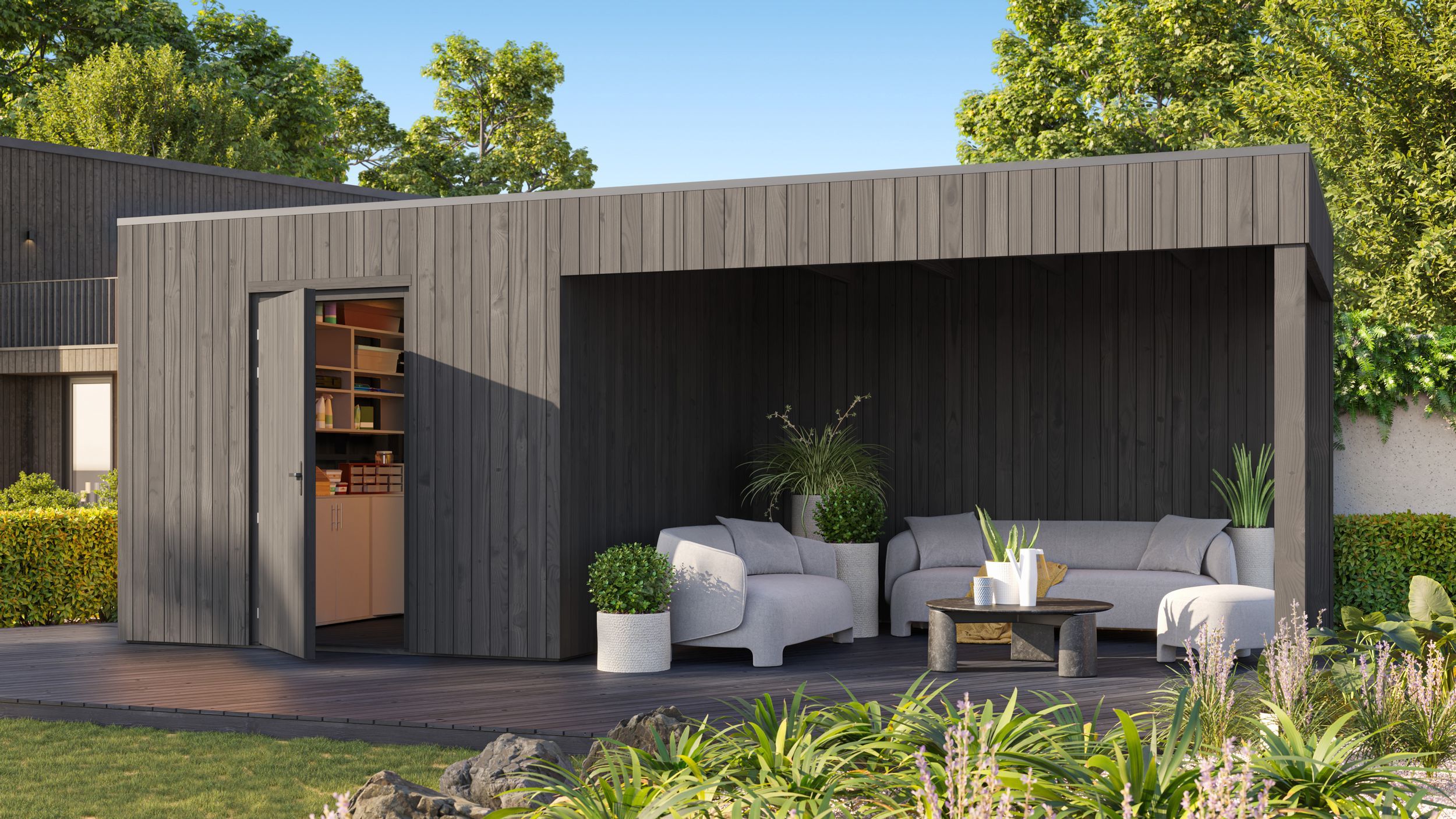 Foto van Grandiwood houten tuinhuis met overkapping Kubix- zwart