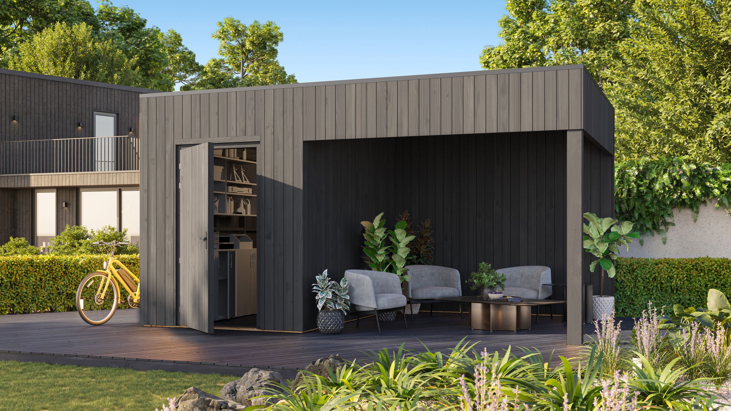 Foto der Grandiwood hölzernes Gartenhaus mit Überdachung Kubix- zwart