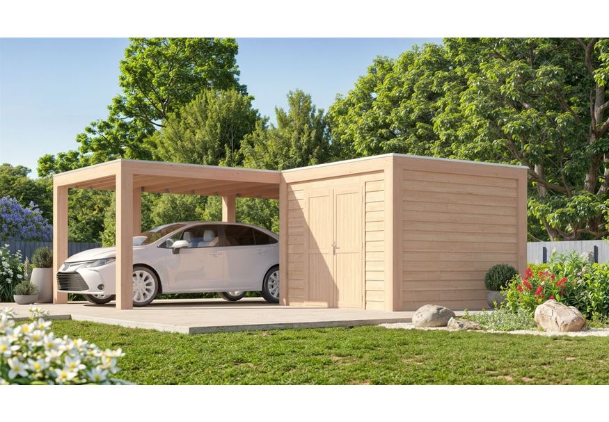 Foto van WoodAcademy carport met berging L-model Excellent 680x300+400x400