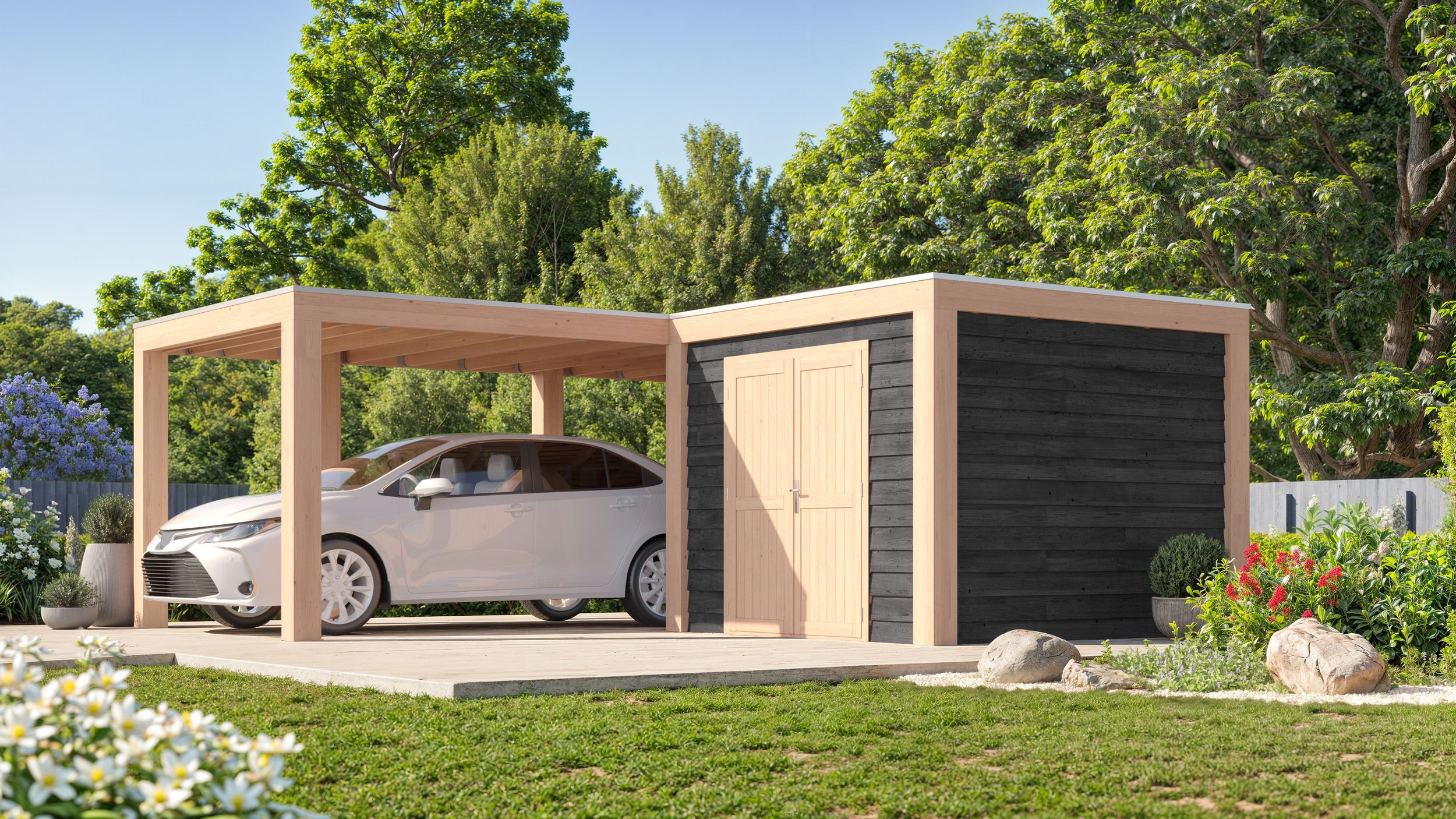 Foto van WoodAcademy carport met berging L-model Excellent Nero