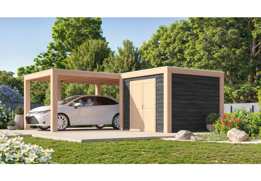 Foto van WoodAcademy carport met berging L-model Excellent Nero 680x300+400x400
