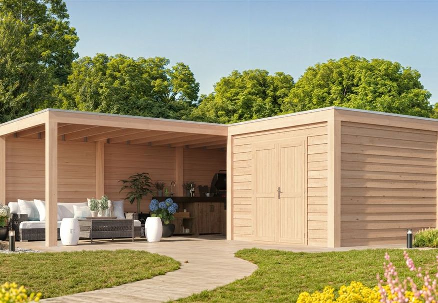 Foto van WoodAcademy tuinhuis met overkapping L-model Nefriet Essential 780x300+300x300