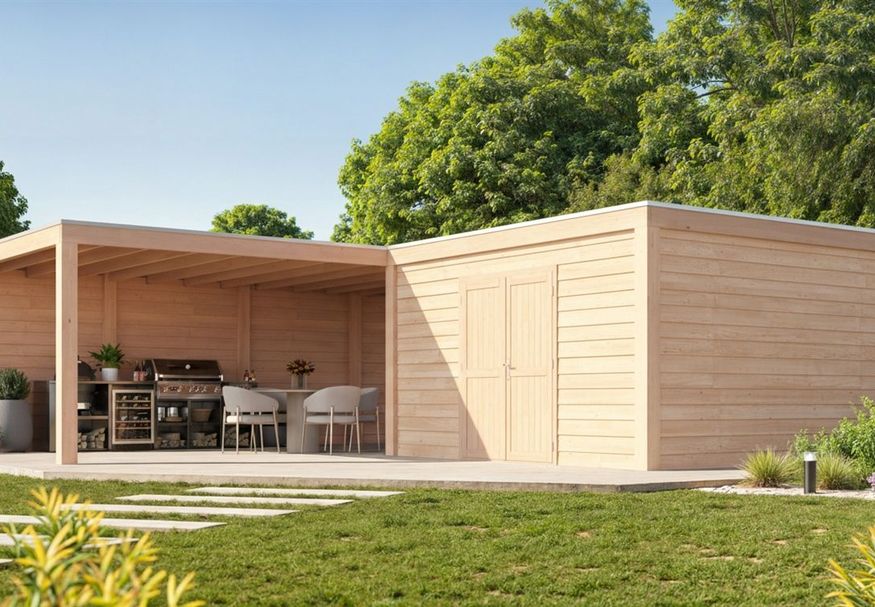 Foto van WoodAcademy tuinhuis met overkapping L-model Nefriet Essential 580x400+400x400