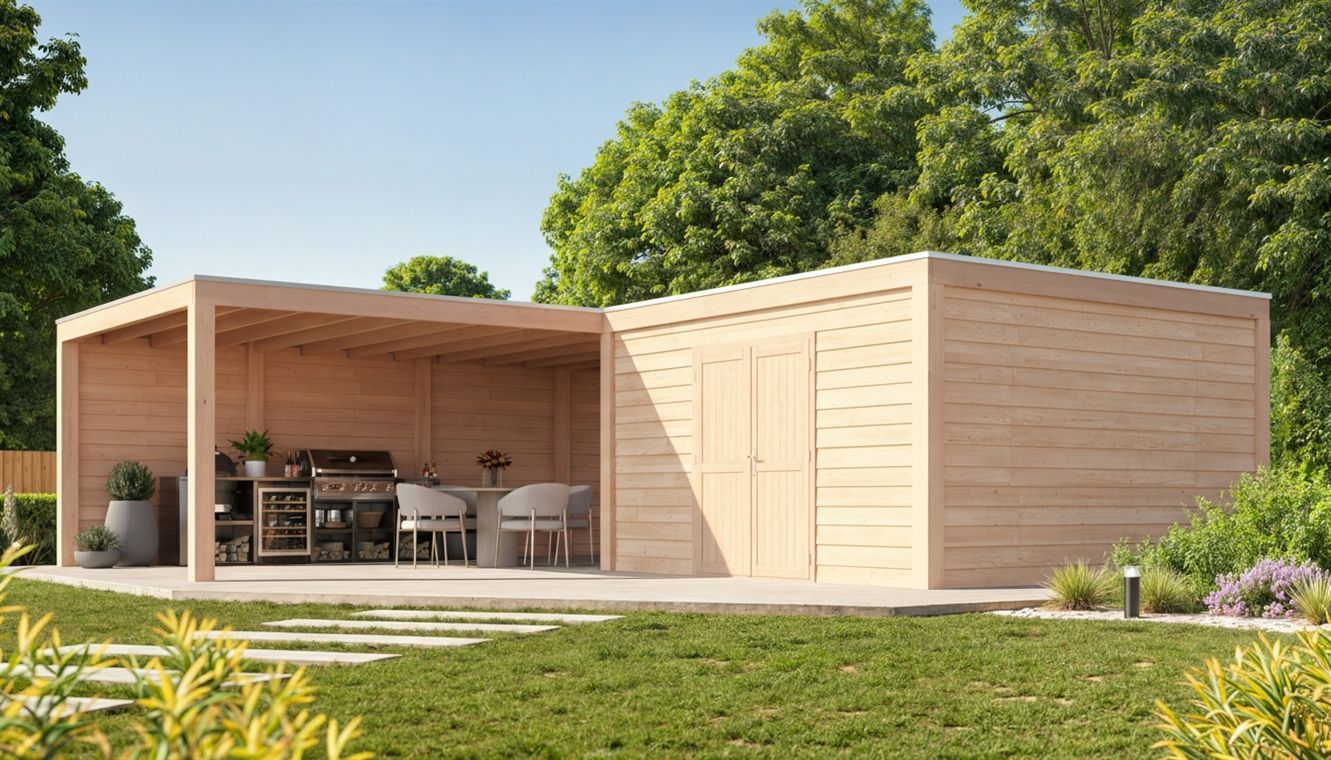 Foto van WoodAcademy tuinhuis met overkapping L-model Nefriet Essential