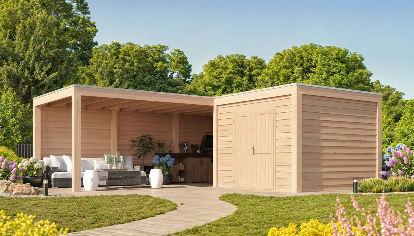 Foto van WoodAcademy tuinhuis met overkapping L-model Nefriet Essential