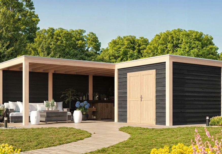 Foto van WoodAcademy tuinhuis met overkapping L-model Nefriet Essential Nero 780x300+300x300
