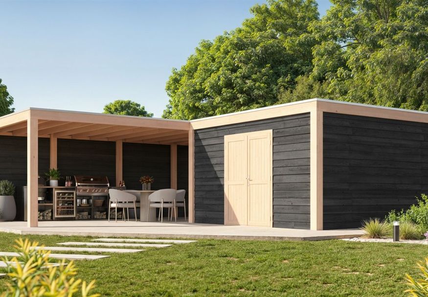 Foto van WoodAcademy tuinhuis met overkapping L-model Nefriet Essential Nero 780x300+400x400