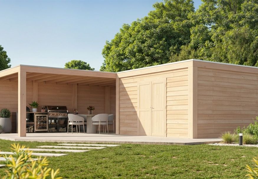 Foto van WoodAcademy tuinhuis met overkapping L-model Nefriet Excellent 780x300+400x400