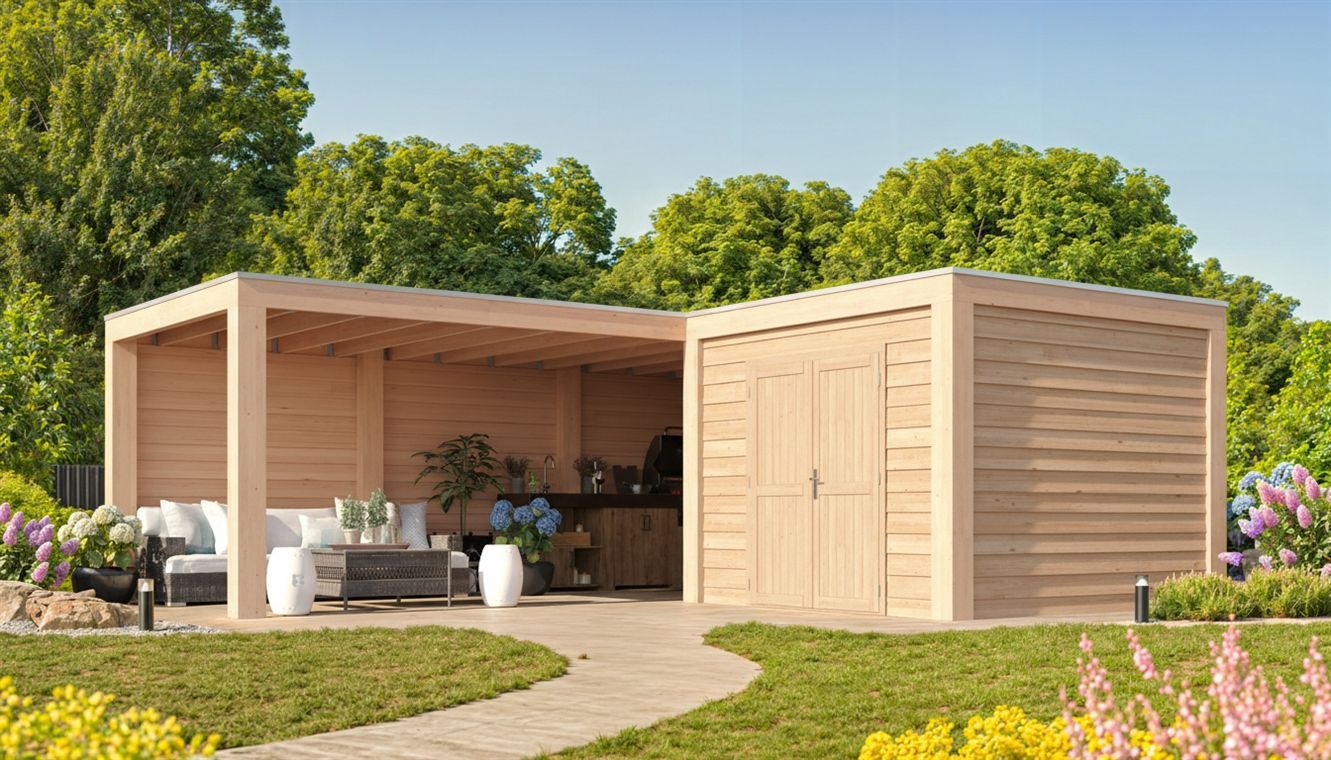 Foto van WoodAcademy tuinhuis met overkapping L-model Nefriet Excellent