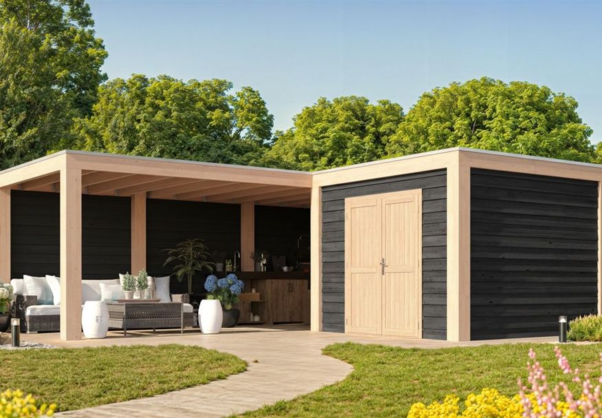 Foto van WoodAcademy tuinhuis met overkapping L-model Nefriet Excellent Nero 580x300+300x300