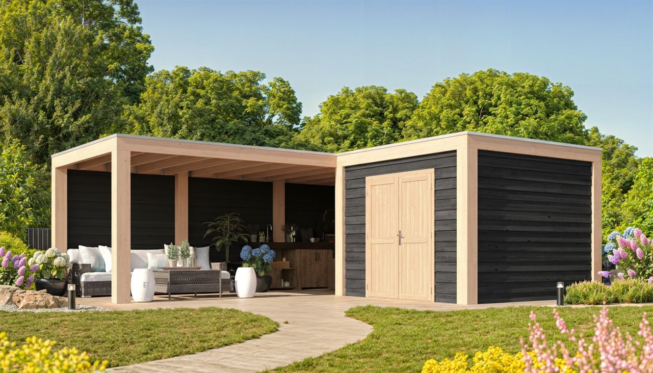 Foto van WoodAcademy tuinhuis met overkapping L-model Nefriet Excellent Nero