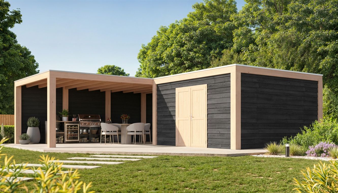 Foto van WoodAcademy tuinhuis met overkapping L-model Nefriet Excellent Nero