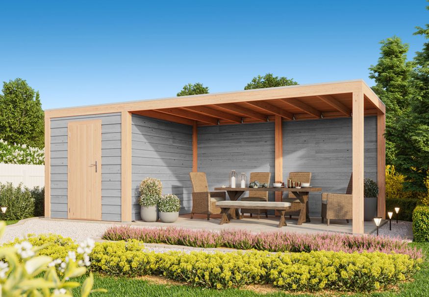 WoodAcademy tuinhuis met overkapping Nefriet Essential grigio 680x300 cm Foto van WoodAcademy tuinhuis met overkapping Nefriet Essential grigio 680x300 cm