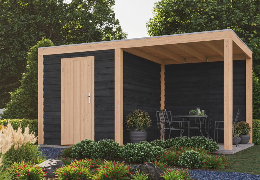 WoodAcademy tuinhuis met overkapping Nefriet Essential nero 500x300 cm Foto van WoodAcademy tuinhuis met overkapping Nefriet Essential nero 500x300 cm