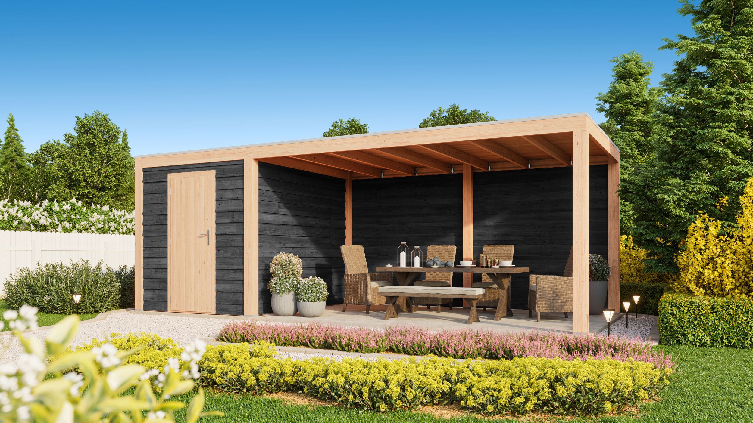 Foto van WoodAcademy tuinhuis met overkapping Nefriet Essential nero