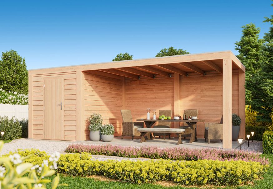WoodAcademy tuinhuis met overkapping Nefriet Excellent 680x300 cm Foto van WoodAcademy tuinhuis met overkapping Nefriet Excellent 680x300 cm