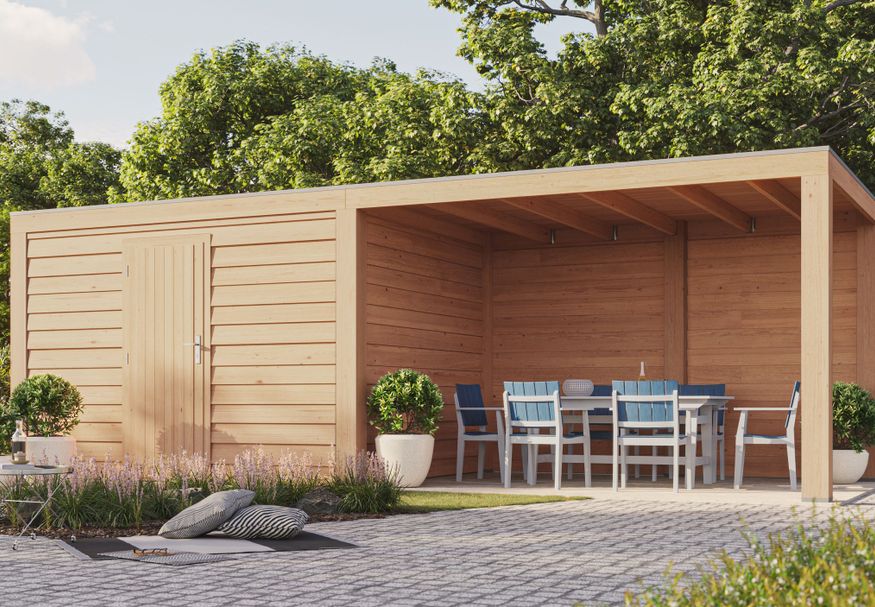 WoodAcademy tuinhuis met overkapping Nefriet Excellent 780x300 cm Foto van WoodAcademy tuinhuis met overkapping Nefriet Excellent 780x300 cm