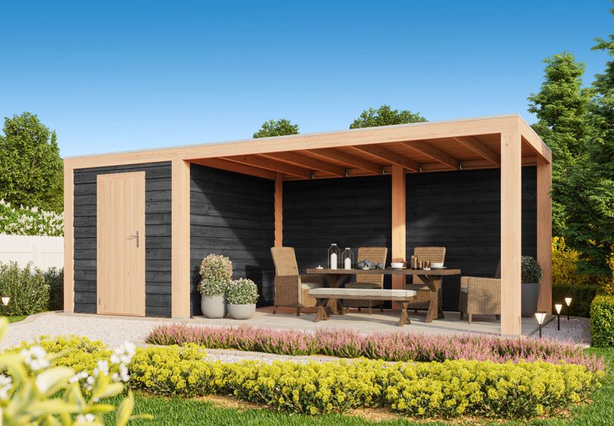 WoodAcademy tuinhuis met overkapping Nefriet Excellent nero 580x400 cm Foto van WoodAcademy tuinhuis met overkapping Nefriet Excellent nero 580x400 cm