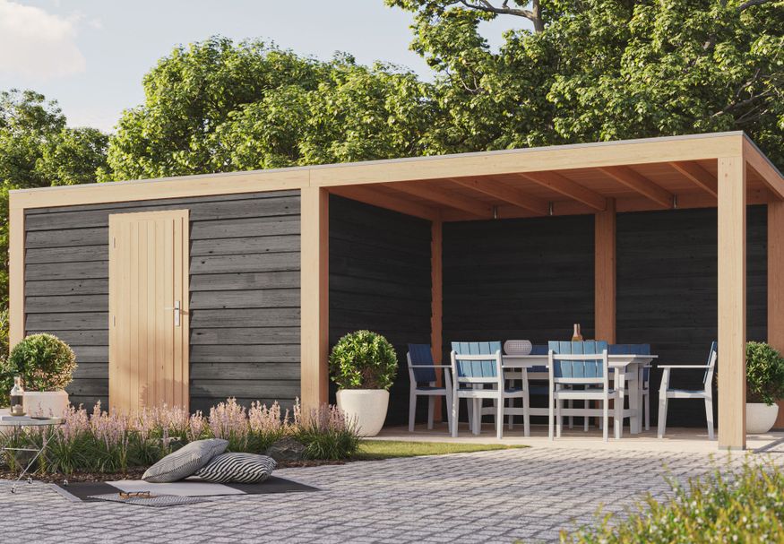 WoodAcademy tuinhuis met overkapping Nefriet Excellent nero 780x400 cm Foto van WoodAcademy tuinhuis met overkapping Nefriet Excellent nero 780x400 cm