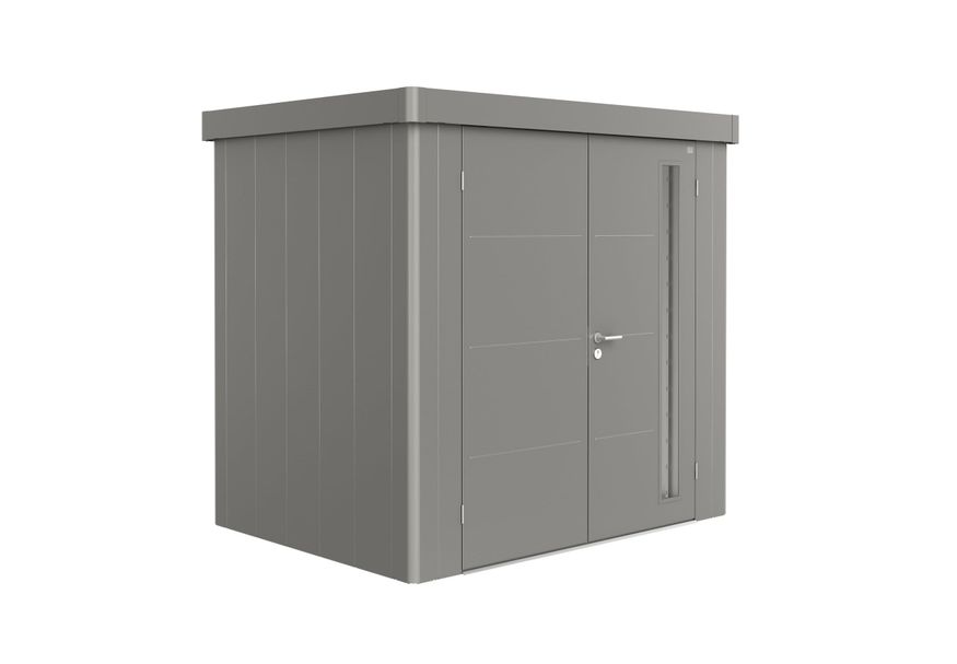 Biohort Neo 1B metalen tuinhuis kwartsgrijs metallic dubbele deur Foto van Biohort Neo 1B metalen tuinhuis kwartsgrijs metallic dubbele deur