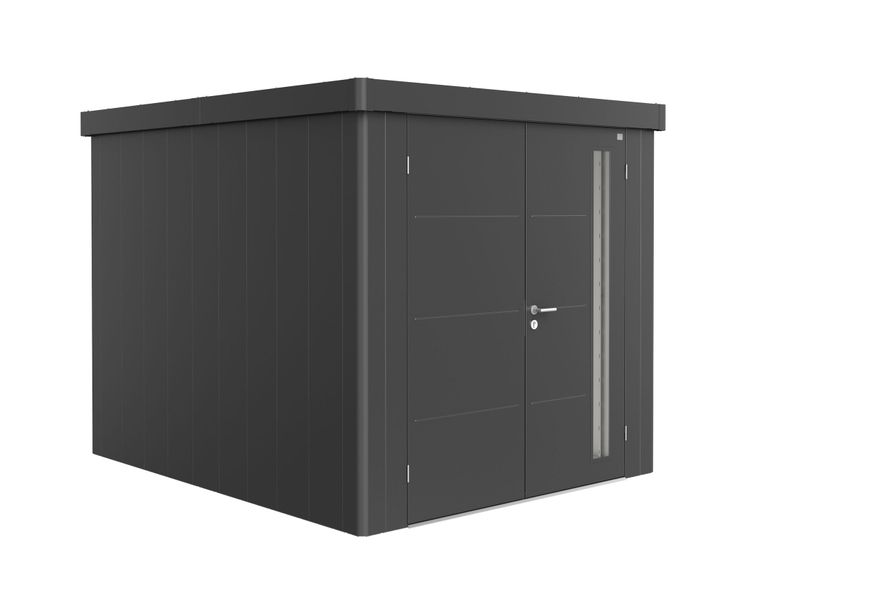 Biohort Neo 3B metalen tuinhuis donkergrijs-metallic dubbele deur Foto van Biohort Neo 3B metalen tuinhuis donkergrijs-metallic dubbele deur