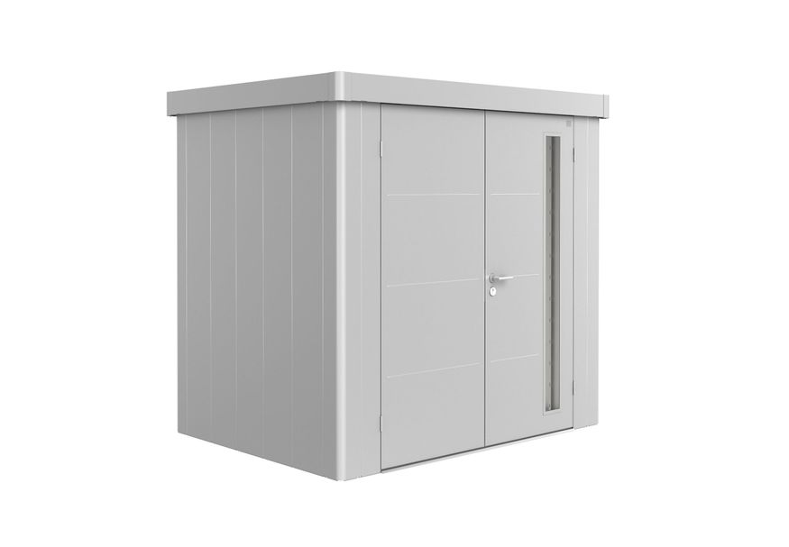 Biohort Neo 1B metalen tuinhuis zilver metallic dubbele deur Foto van Biohort Neo 1B metalen tuinhuis zilver metallic dubbele deur
