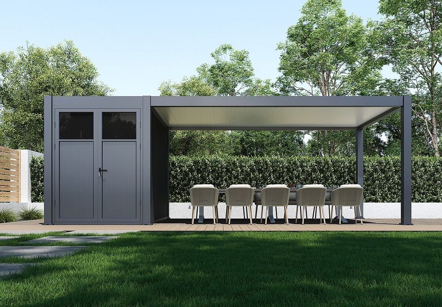Porchenzo tuinhuis met overkapping Prestige 7.2x3 - antraciet Foto van Porchenzo tuinhuis met overkapping Prestige 7.2x3 - antraciet