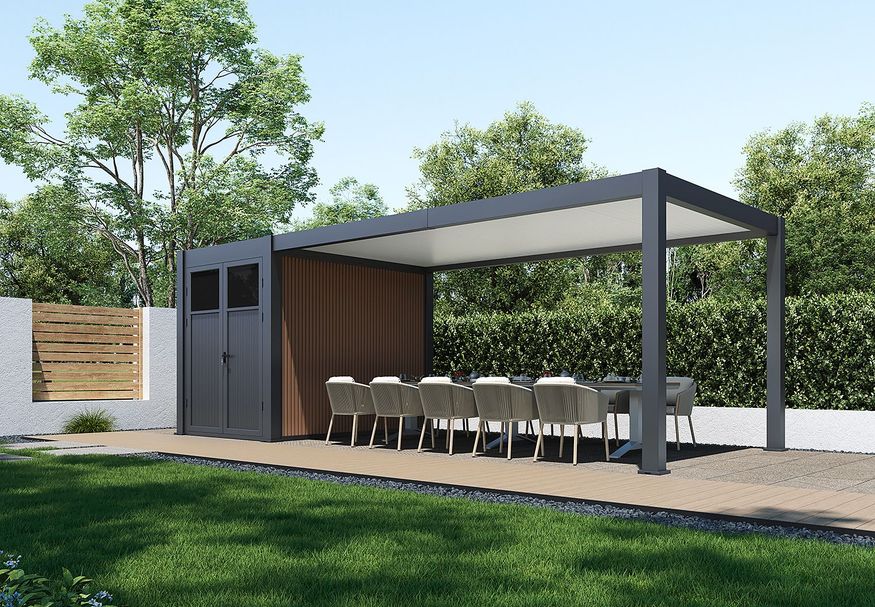 Porchenzo tuinhuis met overkapping Prestige 7.2x3 - teak Foto van Porchenzo tuinhuis met overkapping Prestige 7.2x3 - teak
