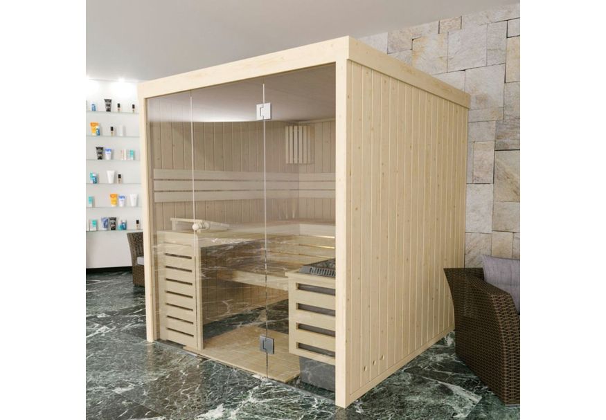 Azalp Massivsauna Rio Glass 239x239 cm, 45 mm Foto von Azalp Massivsauna Rio Glass 239x239 cm, 45 mm
