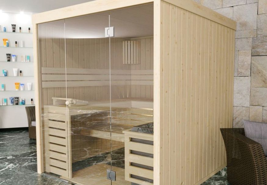 Azalp Massivsauna Rio Glass 131x131 cm, 45 mm Foto von Azalp Massivsauna Rio Glass 131x131 cm, 45 mm