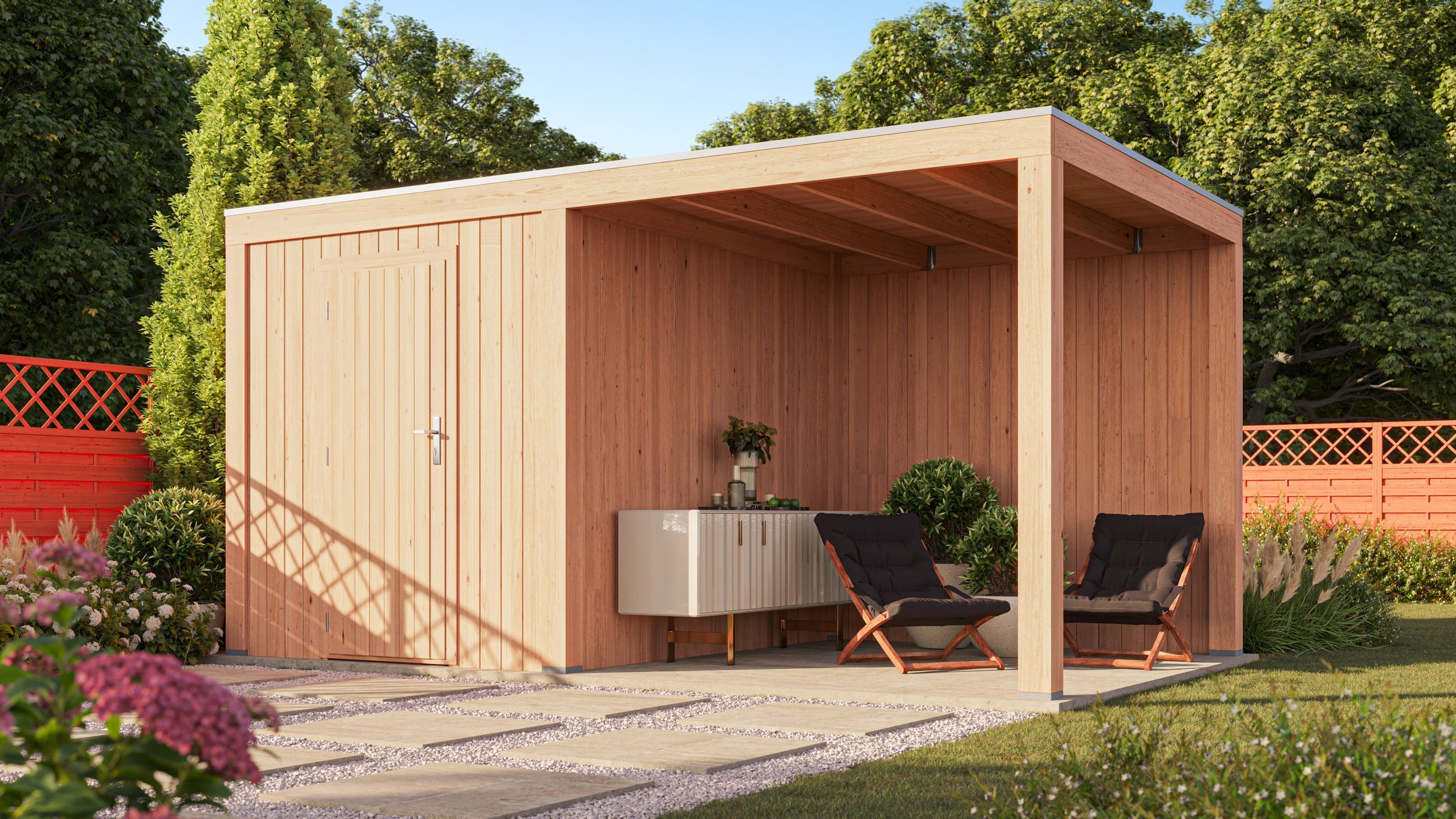 Foto der WoodAcademy Douglasien Gartenhaus mit Überdachung Robijn Essential