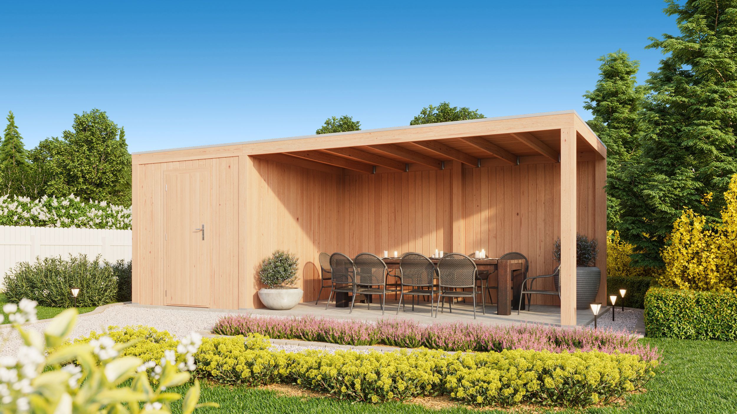 Foto der WoodAcademy Douglasien Gartenhaus mit Überdachung Robijn Essential