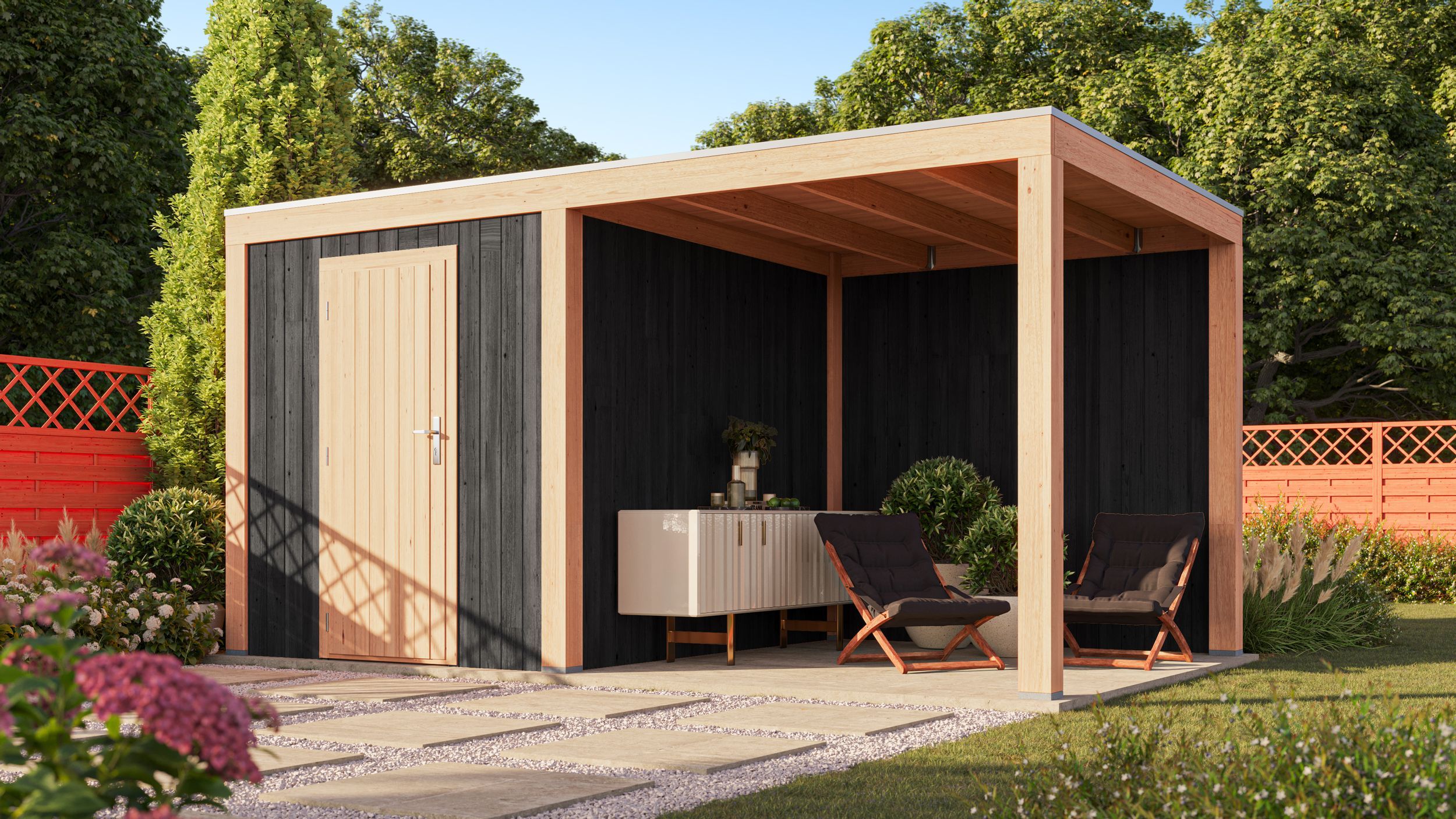 Foto der WoodAcademy Gartenhaus mit Überdachung Robijn Essential nero