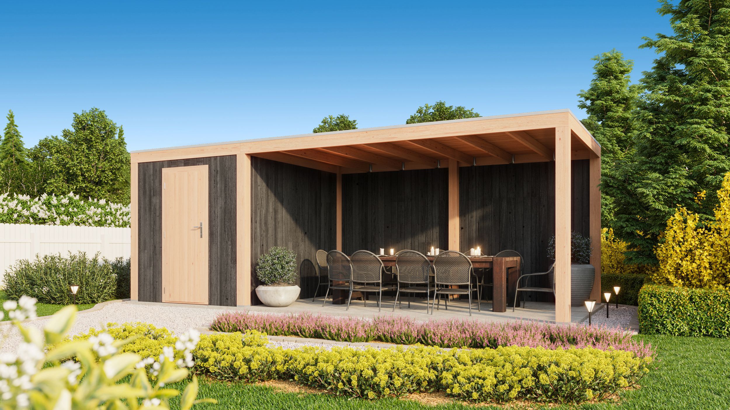 Foto der WoodAcademy Gartenhaus mit Überdachung Robijn Essential nero