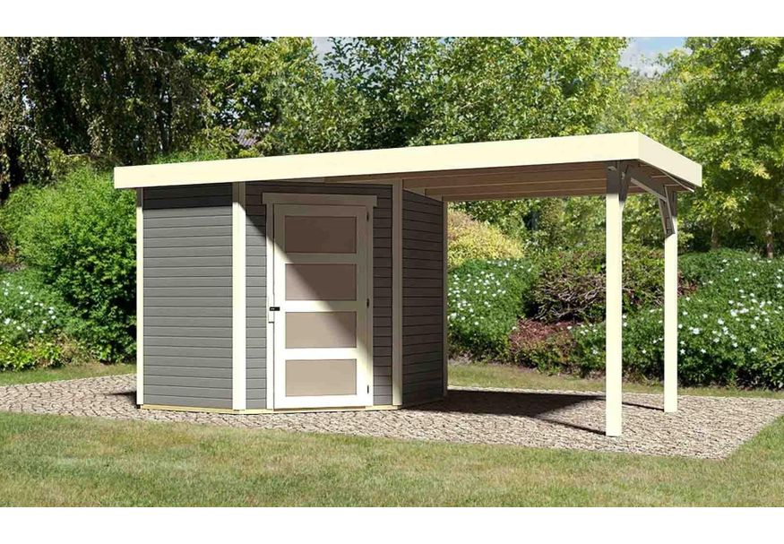 Karibu Schwandorf 3 tuinhuis met overkapping 240 cm - terragrijs (77739) Foto van Karibu Schwandorf 3 tuinhuis met overkapping 240 cm - terragrijs (77739)