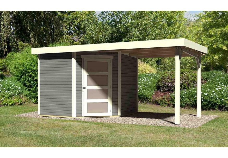 Karibu Schwandorf 5 tuinhuis met overkapping 240 cm - terragrijs (77747) Foto van Karibu Schwandorf 5 tuinhuis met overkapping 240 cm - terragrijs (77747)